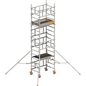Layher Gerüst SoloTower, Arbeitshöhe 5,15m, mit höhenverstellbaren Ø 150mm Rollen & 4 Gerüststützen