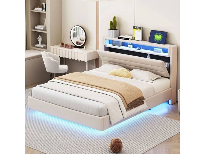 Lit rembourré 140x200 cm beige USB LED