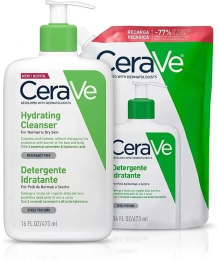 CeraVe Detergente Idratante Viso e Corpo Pelle Normale/Secca Senza Profumo 473 ml + REFILL 473