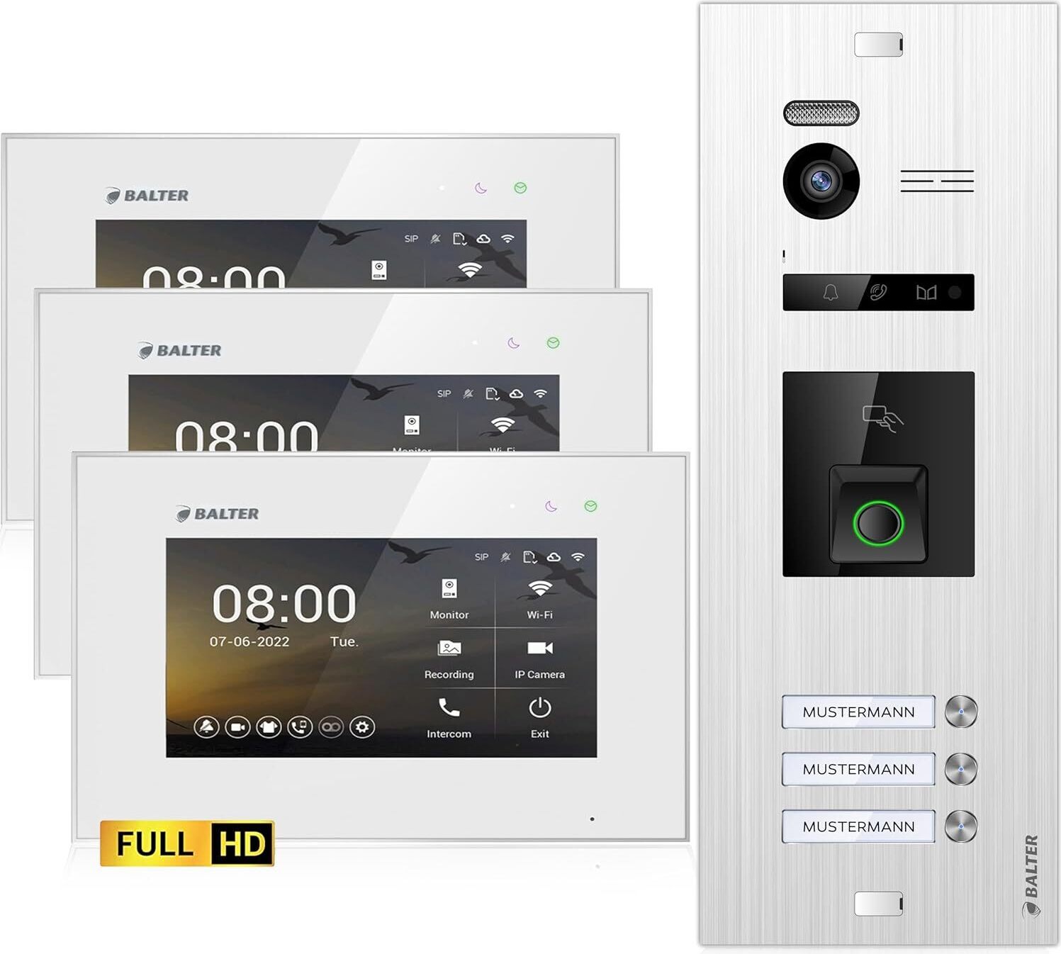 HD Video Türsprechanlage mit Fingerprint und RFID für 3 Familienhaus, 3x Monitore, Balter EVO HD Fingerprint