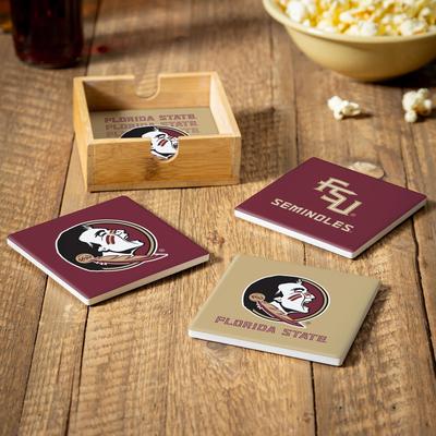 Evergreen Florida State University 4-Piece Ceramic Coasters Set with Wood Caddy