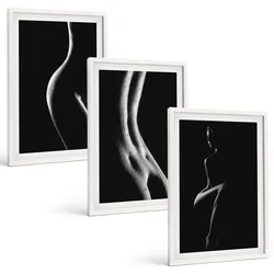 BILDER SET 3er Set - 40x60 cm Weißer Rahmen - Schwarz-weiße weibliche Silhouetten