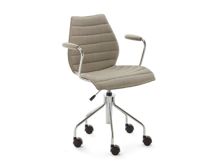 KARTELL chaise à roulettes avec accoudoirs MAUI SOFT NOMA (Beige - Tissu Noma / Structure en acier chromé)
