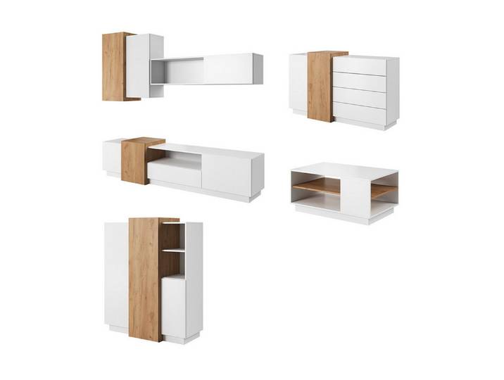Feldmann-Wohnen Wohnwand 3D, (3D, 7-St., Wohnzimmer-Set), 7-teilig weiß gold craft oak