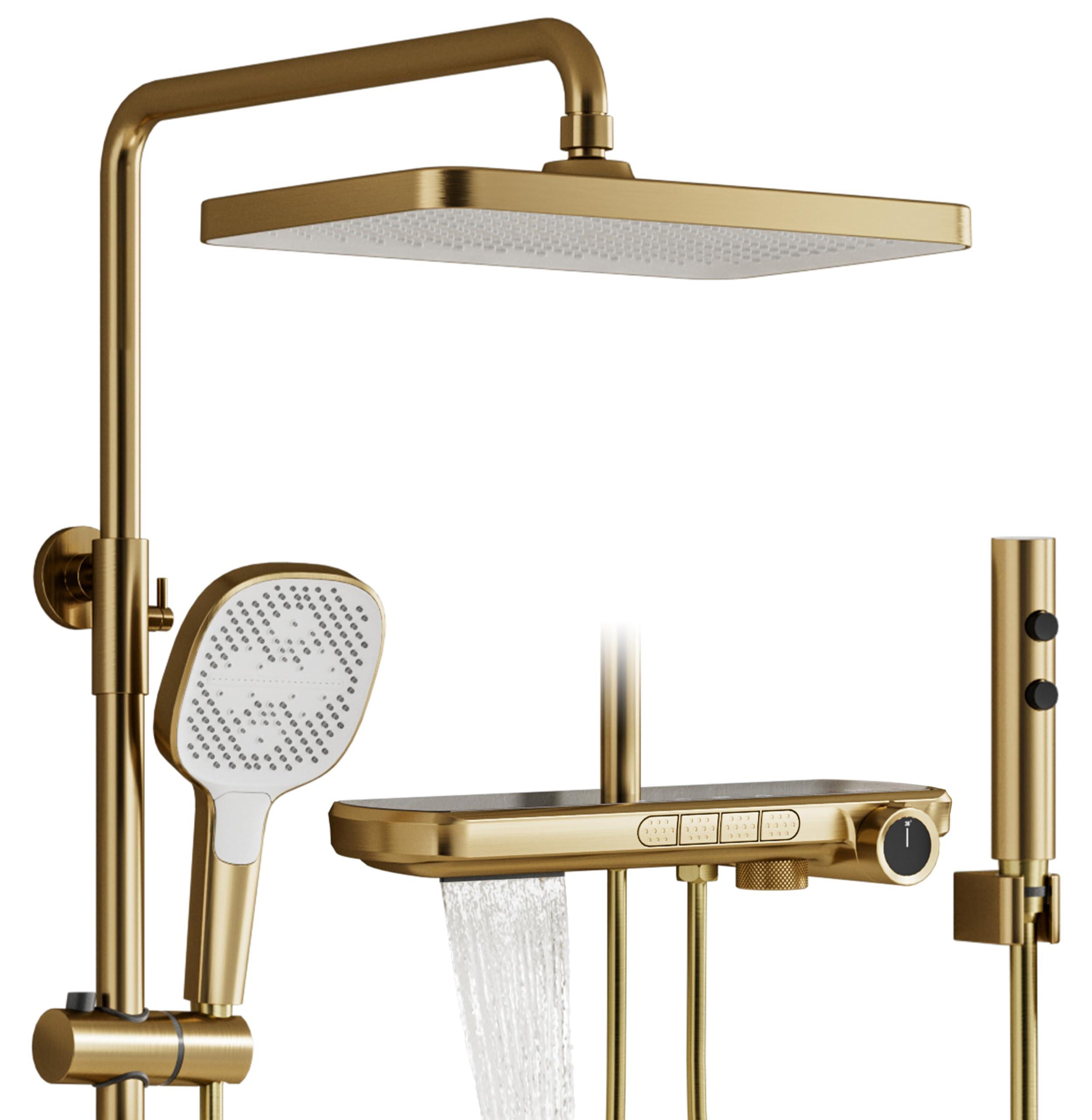 Thermostat-Duschpaneel, 4 Funktionen, Regendusche 350x220 mm, Handbrause, Gold