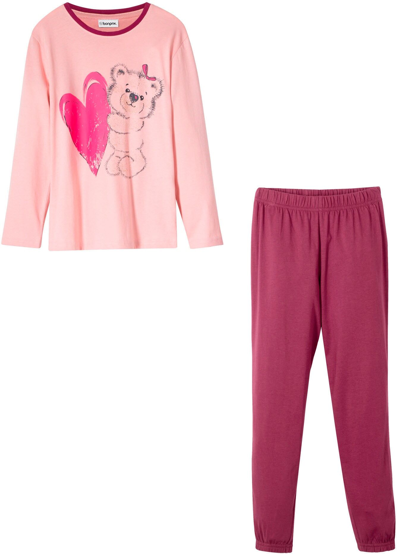 Pyjama BONPRIX "Pyjama aus reiner Baumwolle (2-tlg. Set)", Mädchen, Gr. 152/158, rosa (altrosa, beere), Jersey, Obermaterial: 100% Baumwolle, bedruckt, Basic lang, Rundhals, Homewear-Sets Pyjama, bequeme Passform, mit elastischem Bund und fixiertem Bindeb