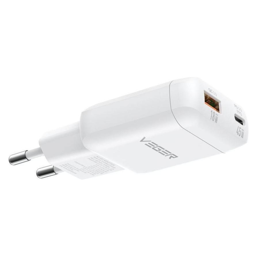 Veger Adapter für Handy-Ladegerät: USB-A + Typ C, PD 45 W + Datenkabel Typ C auf C, 100 W, TR121, weiss (45 W, 2 Ports) (6977525753213)