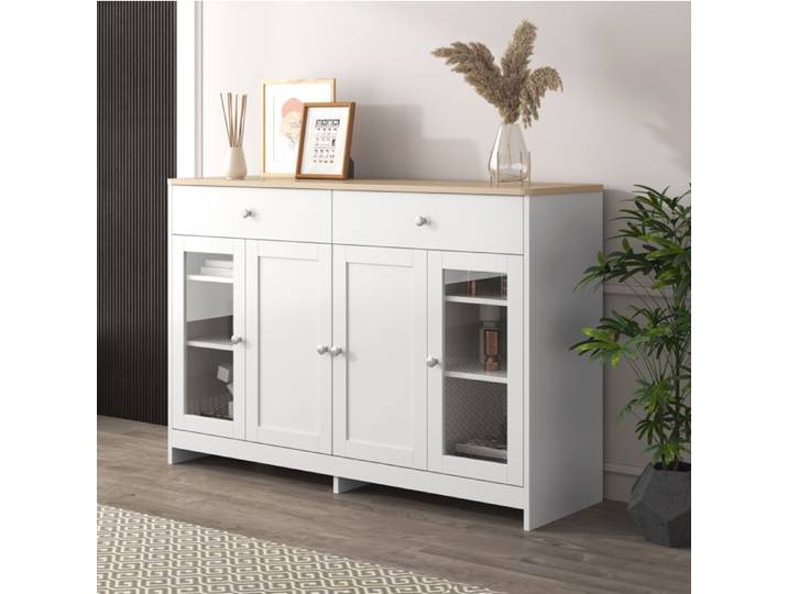 Buffet bas AESVAR style campagne 120 cm avec 4 portes 2 tiroirs MDF blanc et bois
