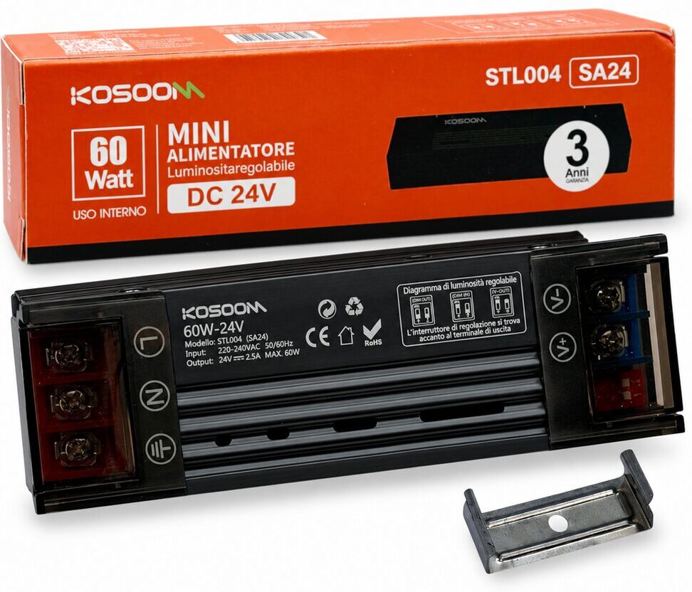 Kosoom Sa24 Alimentatore Switching Slim 24v 2,5a 60w Dimmerabile Dip Switch Ip20 Nero