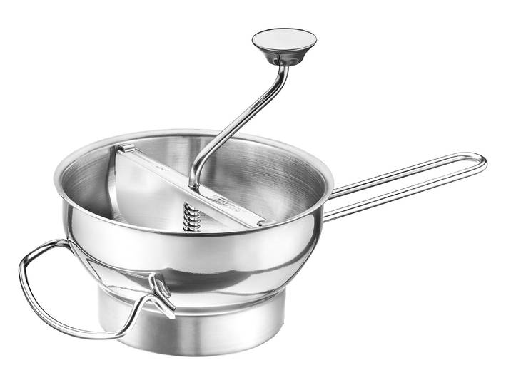 Passiersieb GEFU FLOTTE LOTTE, Passiergerät inkl. 3 Lochscheiben (1, 3 und 8 mm) , silber (silberfarben), B:21cm H:12cm L:40cm Ø:21cm, Edelstahl 18/10, Küchensiebe, Passiersieb, auswechselbare Lochscheiben, Abstreiffunktion