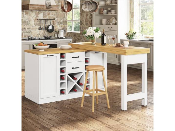 WOVREO Îlot central de cuisine pivotant 360° 120-223 cm avec rangements 2 tiroirs blanc