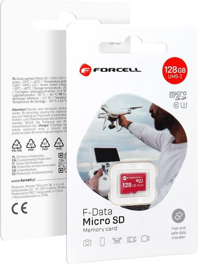 Forcell MicroSD Kaart, 128 GB, Klasse 10, UHS-I, Klasse 3 (U3), Rood
