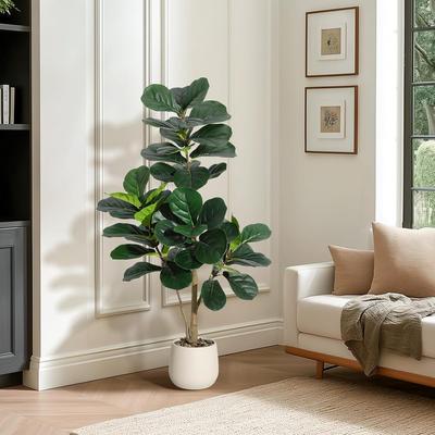 YUN Artificial Fiddle Leaf Fig Tree with 48 Leaves in White Planter Pot, Faux Ficus Lyrata Plant for Home or Office Decor