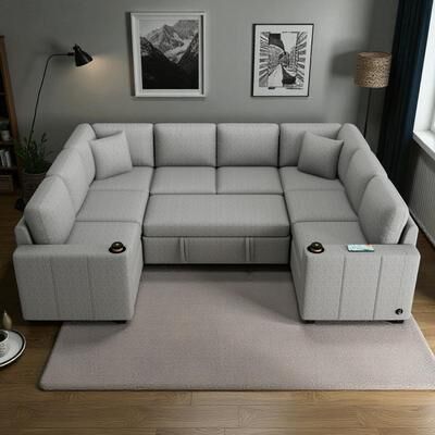 Fundinbaths "107.1"" Convertible Sectional Sofa Pull-Out Sleeper U-Shaped Chenille Couch with USB Ports Cup Holders and Pillows"
