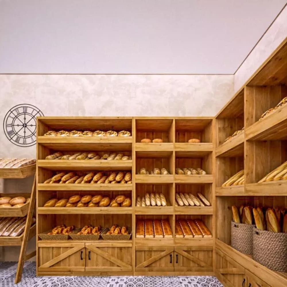 Tradis Étagère boulangerie bois massif 4 niveaux 8 casiers inclinés Beige 99x195x39cm