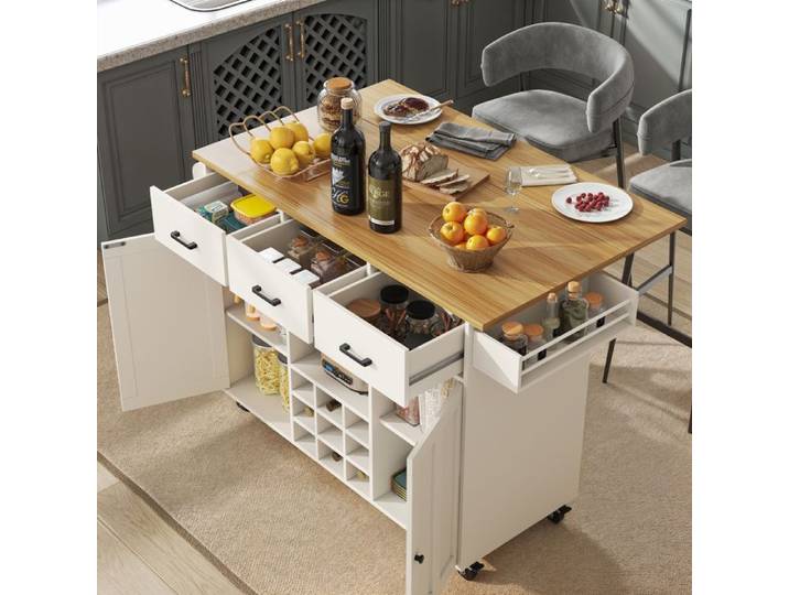 MODENUIT Desserte de cuisine 104x39.5x91.5cm Îlot de cuisine à roulettes tablette pliante rangement porte bouteilles MDF Blanc