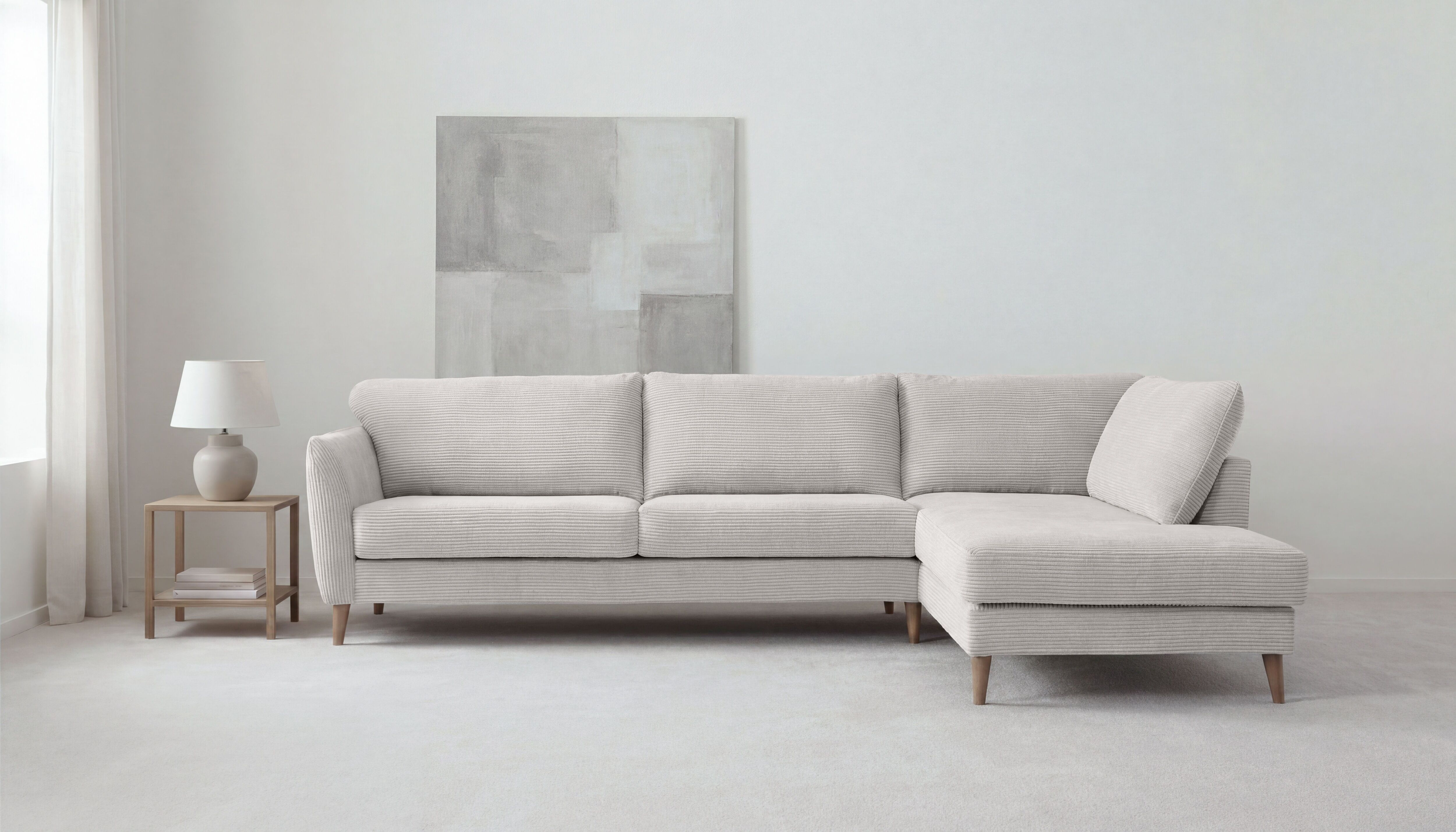 Ecksofa GOODPRODUCT "MARSEILLE 278/202 cm, L-Form, Ottom. rechts/links, verschiedene Bezüge", grau (cloud grau), B:278cm H:88cm T:202cm, 100% Polyester, Sofas, Ecksofa, Massivholzbeine Eiche, Landhausstil, Wellenunterfederung cloud grau B/H/T: 278cm x 88c