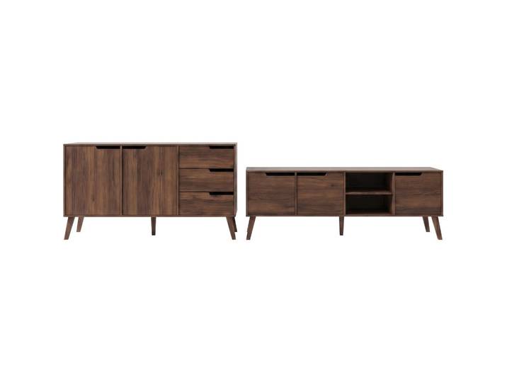 Beautysofa Wohnwand Norel 2-teilig Kommode 160 cm + TV-Schrank 180 cm, Wallnuss, Walnussfarben, 3 Schubladen, 180x55x40 cm, Wohnzimmer, Wohnwände