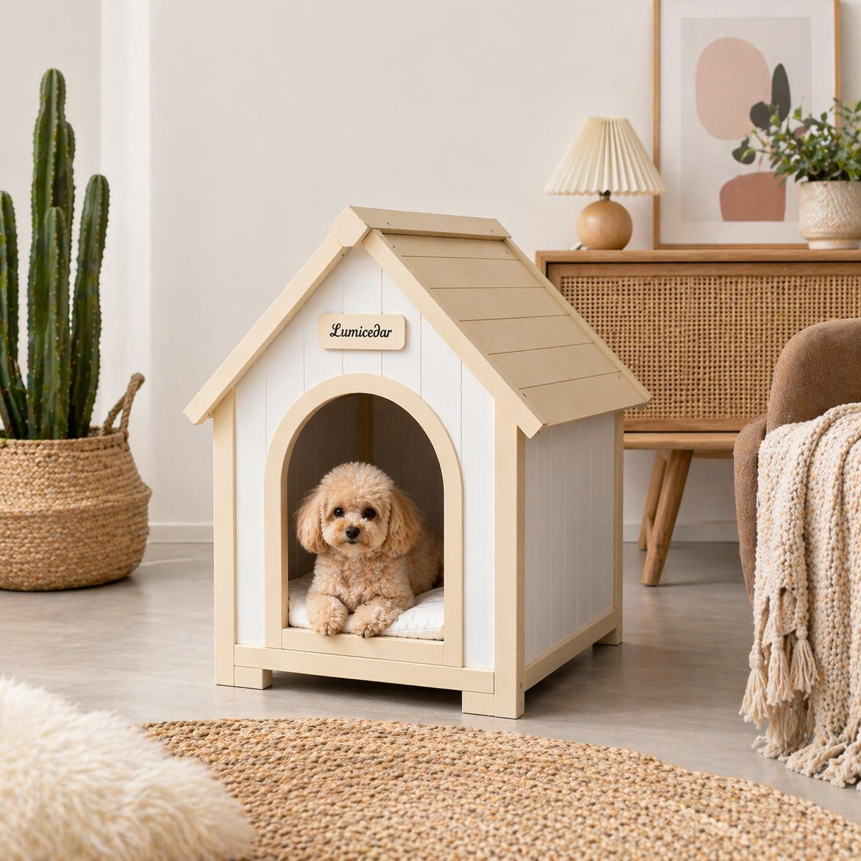 Scandinavisch design kattenhuis en hondenhuis van massief hout, crème wit