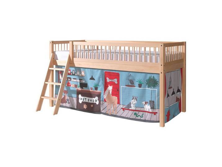 58 aufm Kessel Kinderbett Halbhohes Bett Kelci 90x200 Textilset Pet Shop Buche Massivholz natur (inkl. Versand, Lieferung bis Verwendungsstelle), Tierisches Design für kleine Tierfreunde
