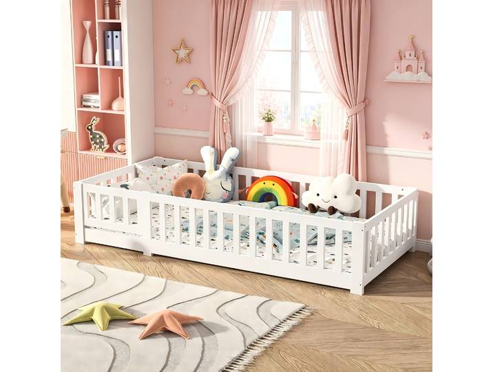 Lit Montessori Rosahqnda 90 x 200 cm, charge maximale 200 kg, protection anti-chute amovible, lit enfant Montessori en pin massif avec sommier enroulable