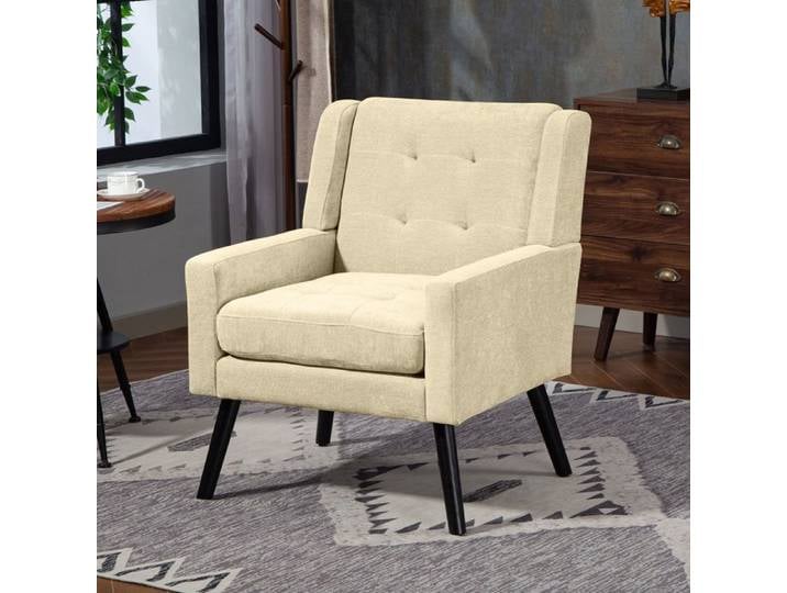 Fauteuil 68x76x88cm Beige Tissu Lin - Fauteuil Salon - Dossier Capitonné Pieds Bois Massif Noir Design Mid-Century Moderne