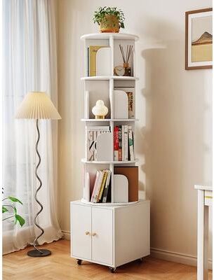 Kodotan sofa Rotating Bookshelf,360 Degree Display 5 Tier Corner Bookshelf With Drawer For Small Space, Floor Standing Bookcase Storage Rack