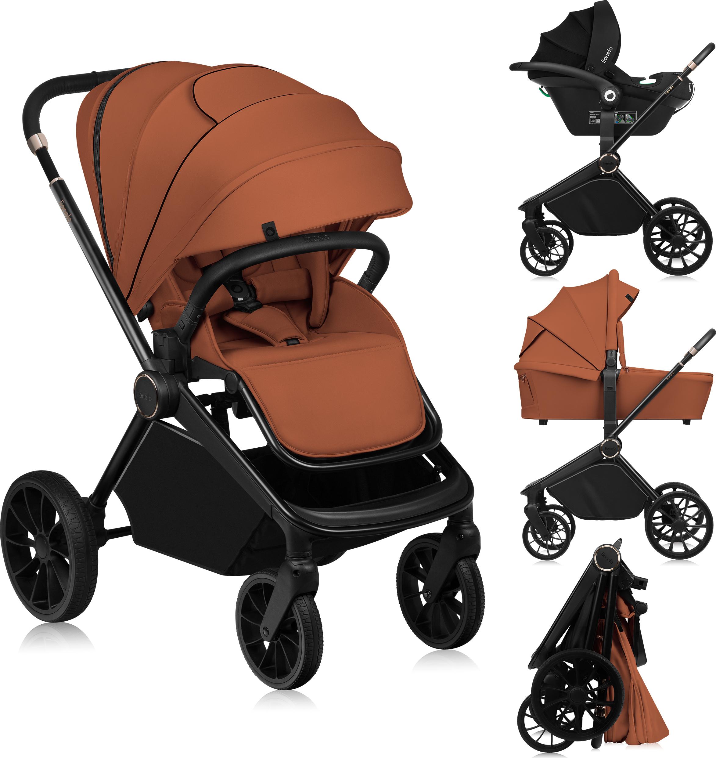 Lionelo Kombikinderwagen Mika Plus 3in1 bis 38 Monate (22kg), XXL-Verdeck mit UPF50+, 3-stufige Verstellung des Elterngriffs - Brown Rust