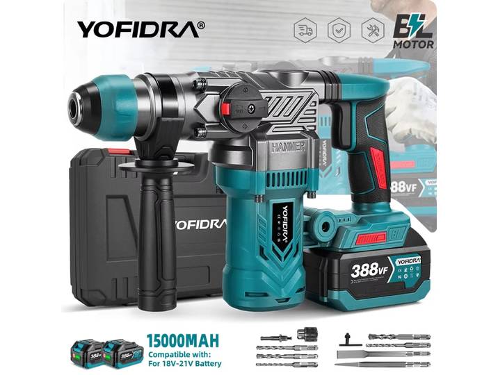 YOFIDRA 2200W marteau électrique sans brosse perceuse à percussion 26MM multi-tournevis outil électrique de forage rotatif pour batterie Makita 18V