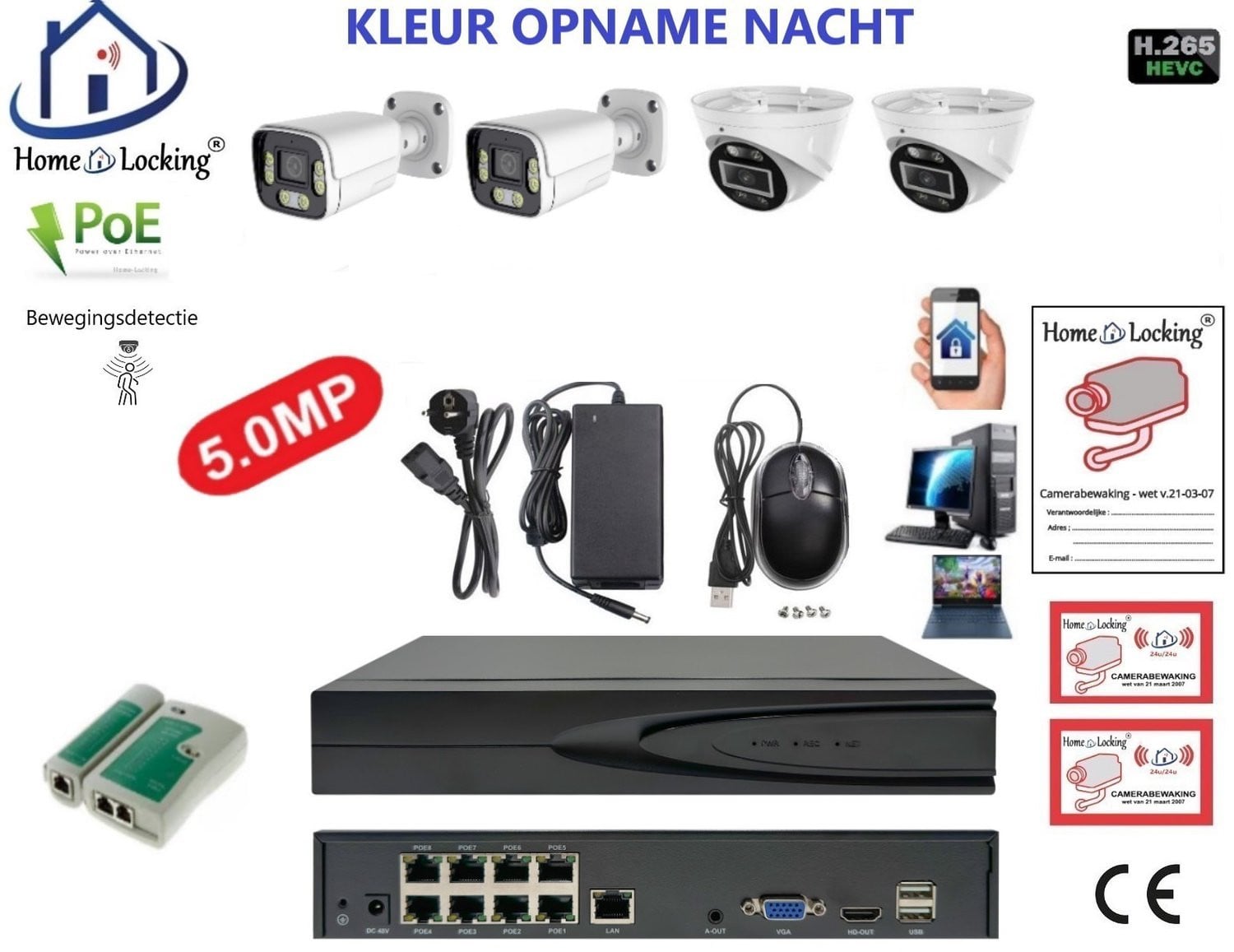 Home-Locking Beveiligingssysteem met PoE Camera's en NVR, 8-kanaals 8MP H265, inclusief 2 Dome en 2 Bullet Camera's, CS-4-1604KL