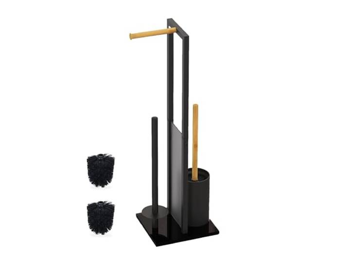 Relaxdays Serviteur WC\, Non Fixe\, Porte-Rouleau\, mélange de matériaux\, H x L x P : 65 x 21 x 18 cm\, Noir et Nature