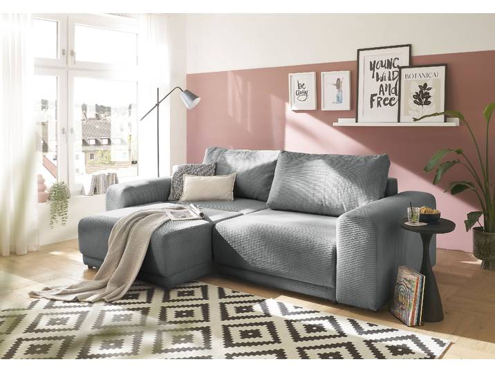 Schlafsofa GOODPRODUCT PHEELIX Cord, mit 3 Funktionen , grau (dunkelgrau), B:252cm H:94cm T:118cm, Sofas, Schlafsofa, wandelbar zum Ecksofa, Schlafsofa oder Relaxsofa