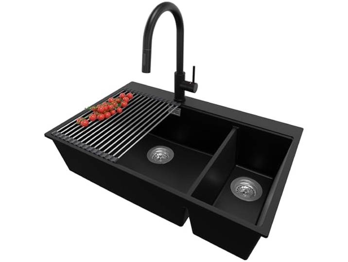 PRIMAGRAN Granitspüle ab 80er Unterschrank + Küchenarmatur, 78x50cm Set: Küchenarmatur BW9010 + Ablauf-Set + Abtropfmatte + Spülbecken 2 Becken - Oslo Duo Top, Schwarz