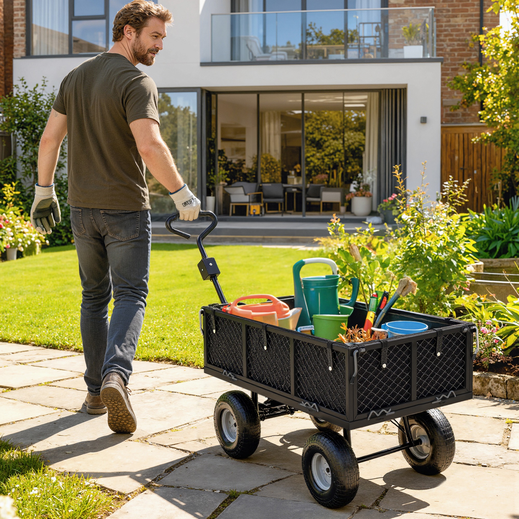 Outsunny Carrello da Giardino in Acciaio da 114L con Sacca Portaoggetti e Pareti Rimovibili, 105x51x54 cm, Nero