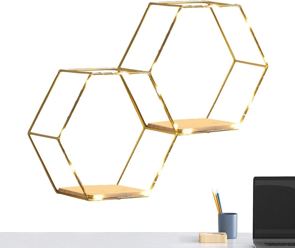 Set van twee zeshoekige wandplanken met geïntegreerde LED-verlichting in goud