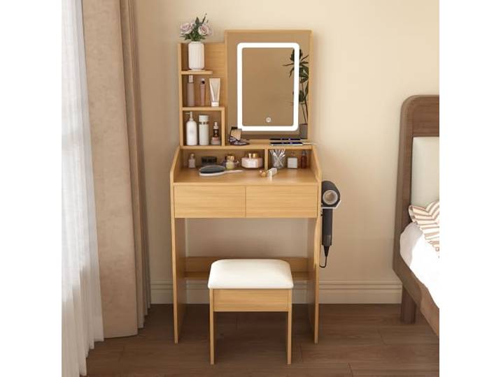 Leavader Schminktisch mit Spiegel & gepolstertem Hocker – Kompakter Schminktisch für kleine Schlafzimmer, Wohnungen & Studentenwohnheime. Maße: B60/H130/T36 cm