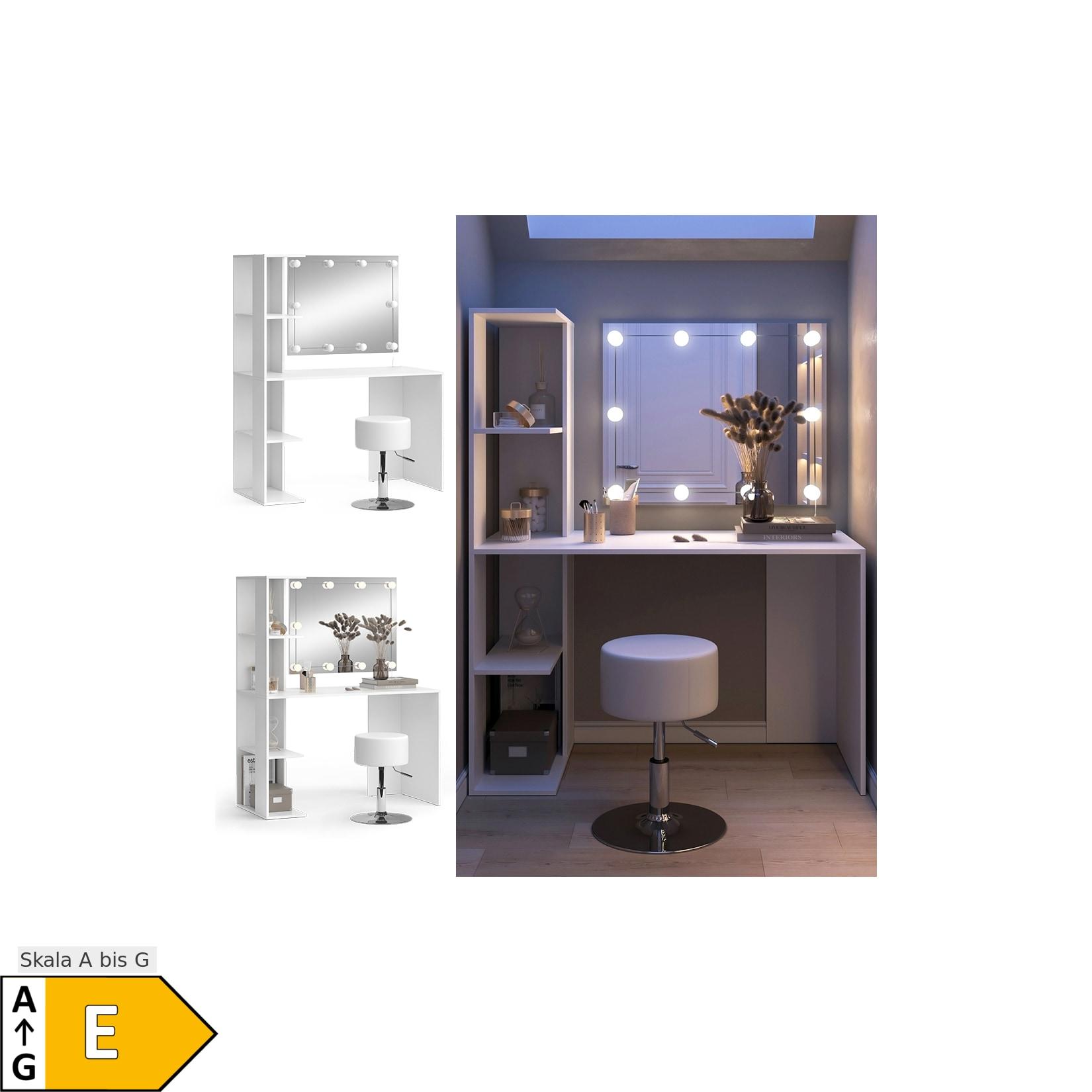 Vicco Schminktisch Tower Weiß 122 x 55 cm mit Beleuchtung und Hocker