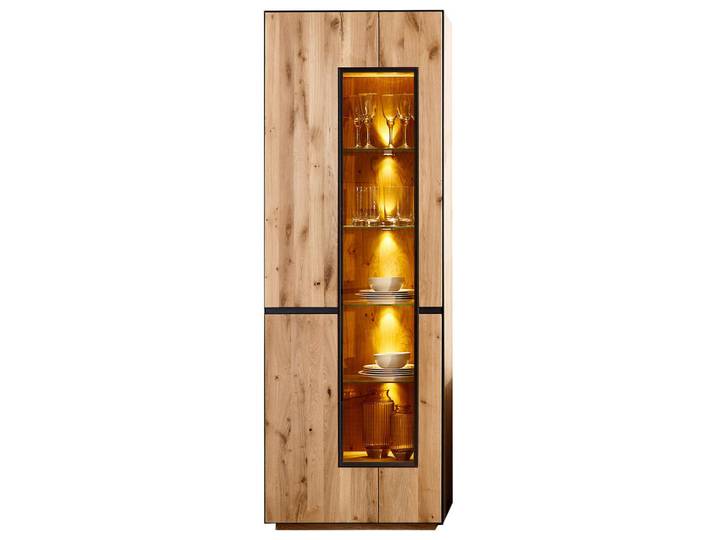 Linea Natura Vitrine Kelio, Wildeiche, Holz, Glas, Wildeiche, furniert, massiv, teilmassiv, 6 Fächer, 72x203x38 cm, individuell planbar, Holzmöbel, Holzschränke, Vitrinen Holz, Vitrinenschränke Holz