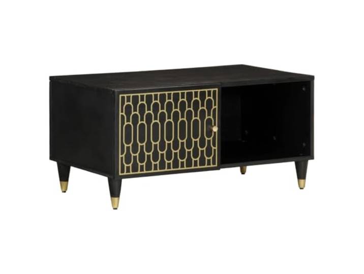 KMVXCVNM Couchtisch 80x50x40 cm Massivholz Mango Sofatisch mit Tür Handgeschnitztes Muster und stabiles Eisengestell für stilvolle Ordnung im Wohnzimmer oder Loungebereich.