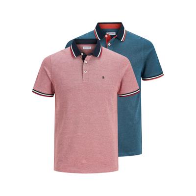 Poloshirt JACK & JONES "JJEPAULOS im Doppelpack mit Logostickerei und Komfort", Herren, Gr. S, rot (rio rot), Single Jersey, Obermaterial: 100% Baumwolle, unifarben, normal hüftlang, Rundhals, Shirts, unifarben mit Farbeinsatz, modisch, schmal,...