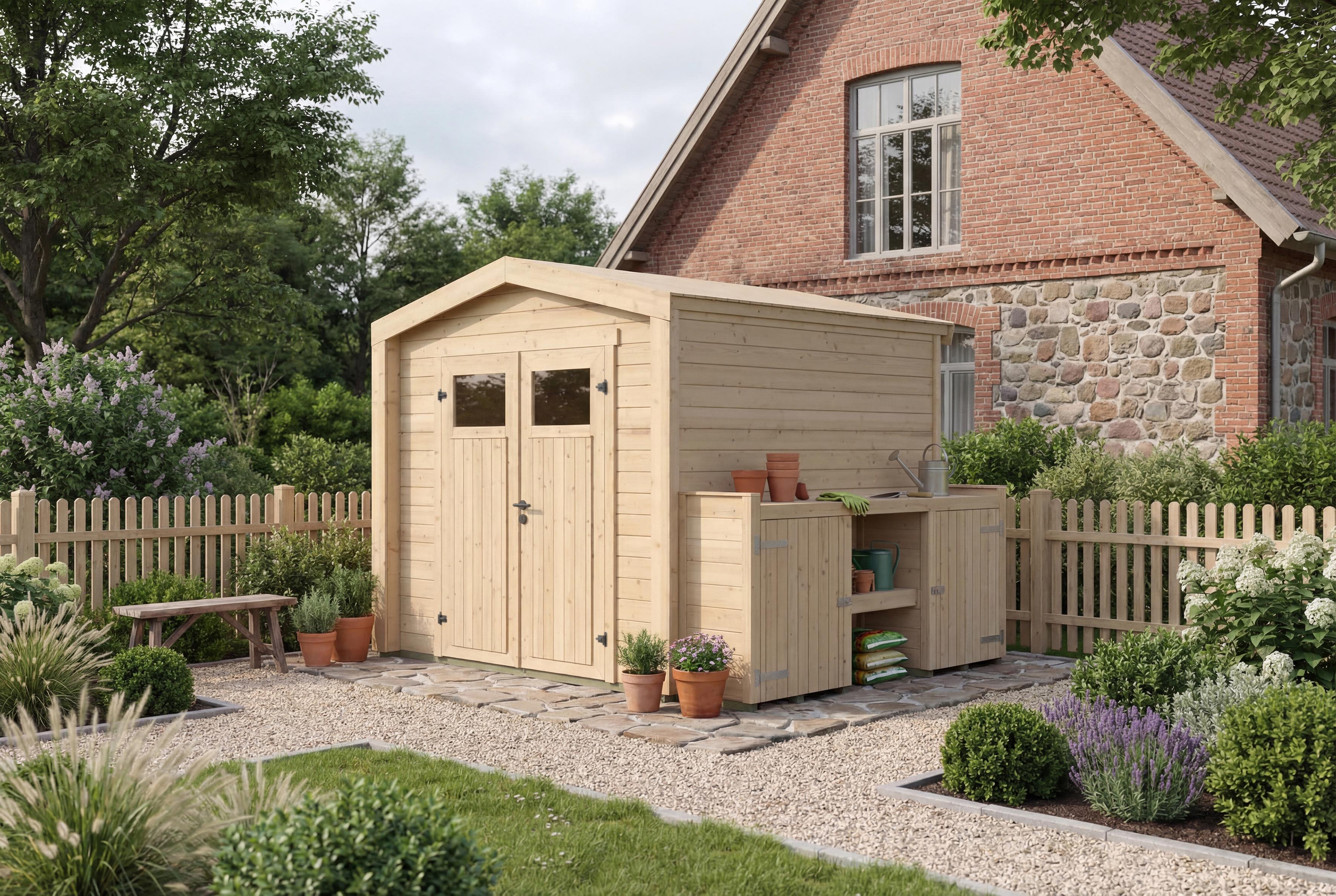 Gartenhaus Killarney, 250x250cm, Naturbelassen, 28mm, Pflanztisch