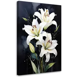 LEINWANDBILDER, Weiße Lilienblüten auf schwarzem Hintergrund