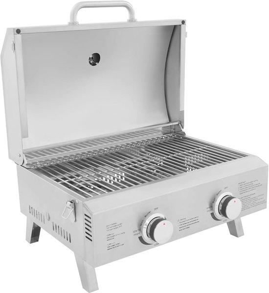 Famanu Tragbarer Gasgrill - Edelstahl Tafelgrill mit Thermometer - 55x38x45 cm - Silber
