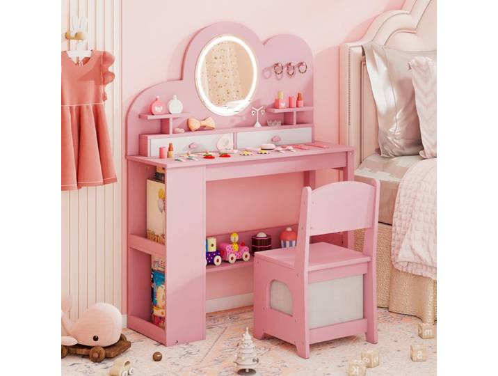 GYMAX Coiffeuse Enfant avec Chaise et Miroir LED Coiffeuse de Maquillage à Intensité Réglable Crochets Étagère et 5