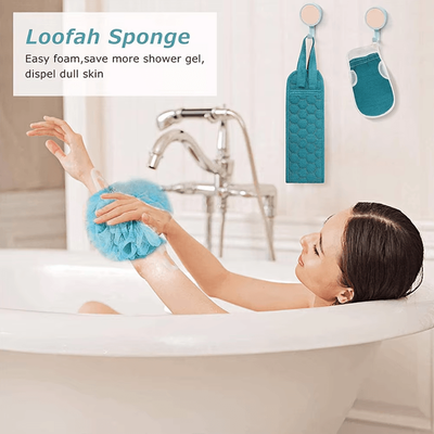 Uplift Curations 3 in 1 Exfoliating Body Scrubber Set Back Scrubber, Bath Glove & Loofah Sponge 3 in 1 Exfoliating Body Scrubber Set Back Scrubber, Bath Glove & Loofah Sponge