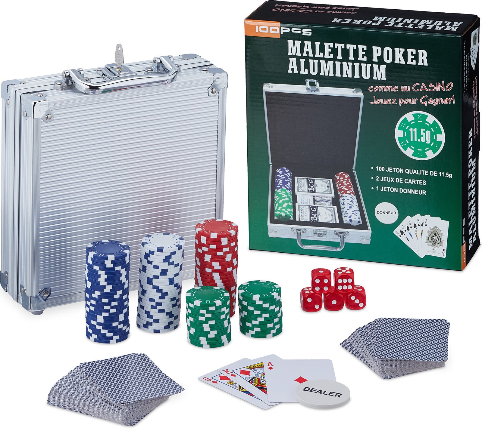 Relaxdays Pokerset met 100 pokerfiches, 2 kaartspellen, 5 dobbelstenen en dealer-knop, zilver