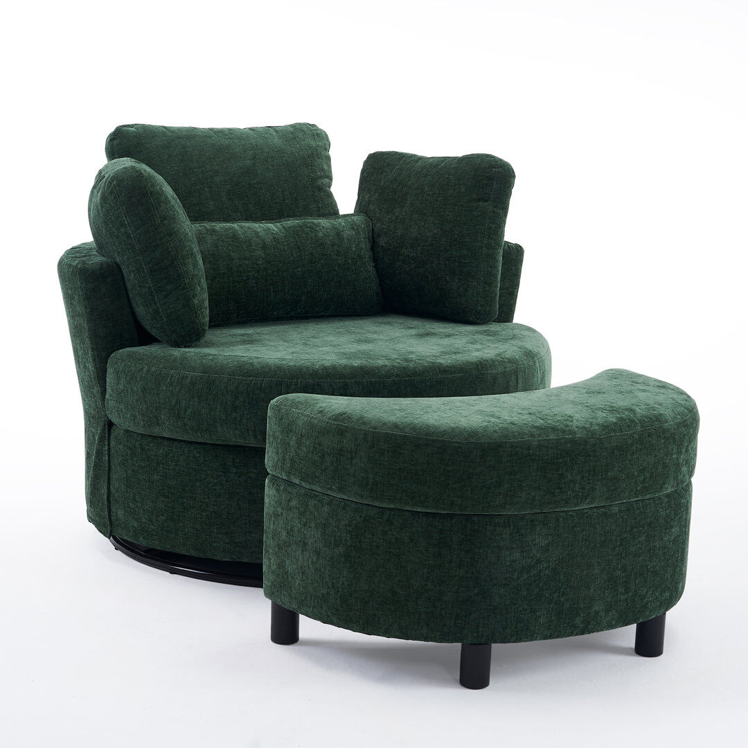 Ivy Bronx Upholstered Teddy Swivel Armchair With Footstool Green Chenille 82cm H X 105cm W X 107cm D