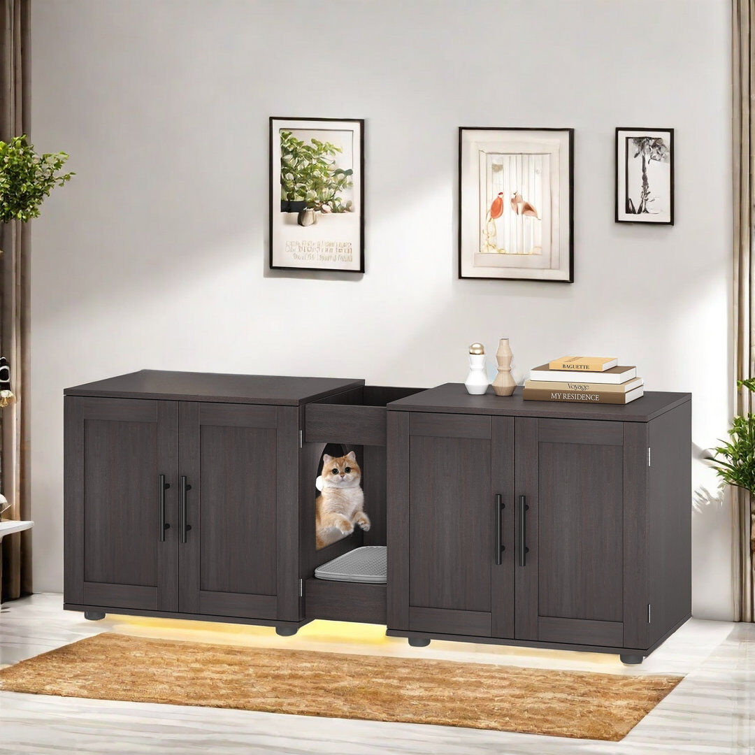 Blue Elephant Cat Litter Box Enclosure With Double Cage, Cat House, Hidden Litter Box Enclosure Furniture Brown 50.8cm H X 139.7cm W X 45.7cm D