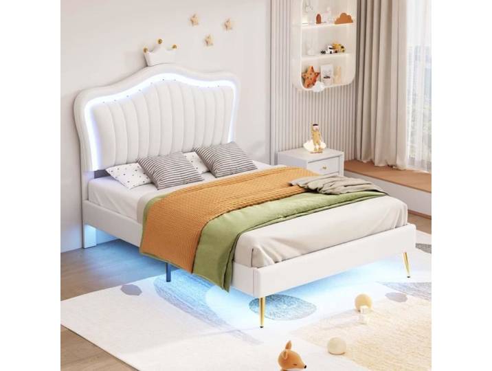 Lit enfant - MODERNLUXE - 90x200cm - LED - Tête de lit réglable - Similicuir blanc