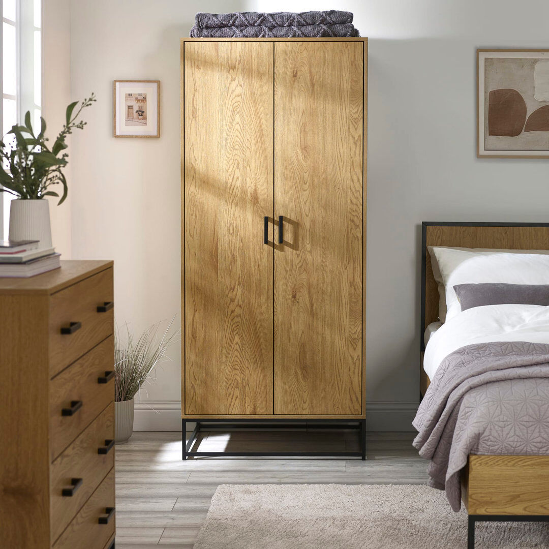 17 Stories Josh Light Oak Effect 2 Door Wardrobe Natural 180cm H X 80cm W X 56cm D